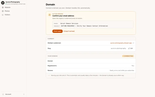 The Domain settings page, showing each value to copy into a domain provider with a copy button beside it.