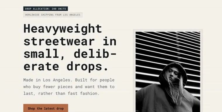 The top of the Duskwork site: the label's name, a line about the studio in Los Angeles, and the first piece with its sizes and price.