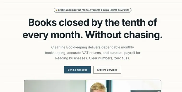 The top of the Clearline Bookkeeping site: the name, a line about who she works with in Reading, and the first of three services with its price.