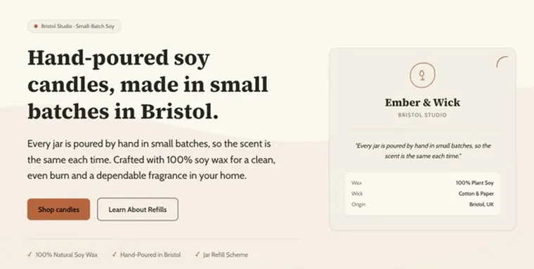 The top of the Ember & Wick site: the shop name, a line about small-batch soy candles in Bristol, and the first of six scents with its price.