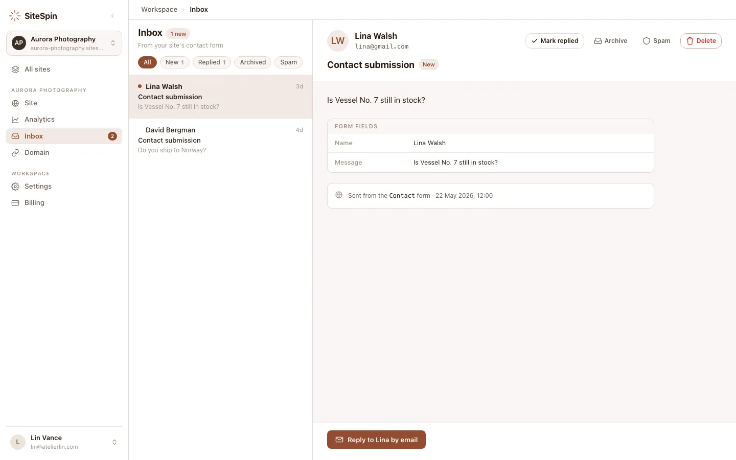 SiteSpin web app inbox showing visitor submissions with sender details, the message body, and Reply, Archive, and Spam actions.