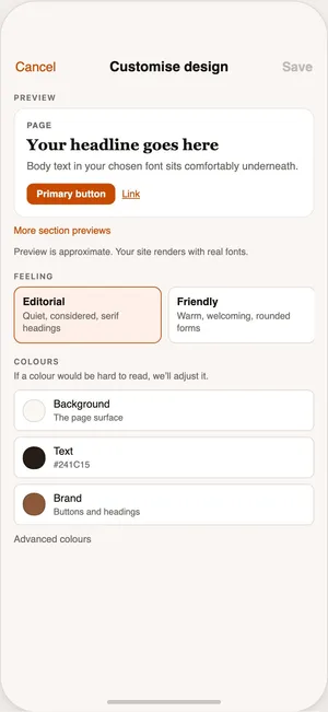 Choosing the feeling and the three colours, with the page previewed above