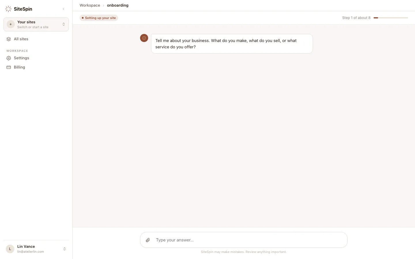 SiteSpin web app onboarding showing the opening question 'Tell me about your business' with a step-of-8 progress bar.