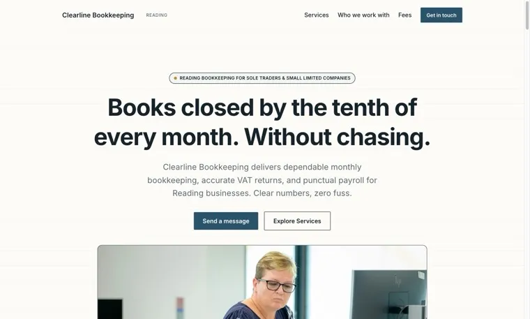 The whole Clearline Bookkeeping page: the name and city, three services with what each covers and what it costs, and a contact form at the foot.