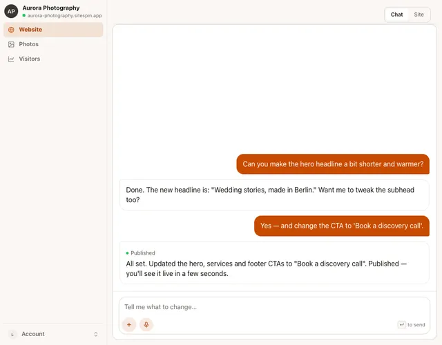 SiteSpin web app site detail page with the chat panel open alongside a live preview, ready to take an edit request.