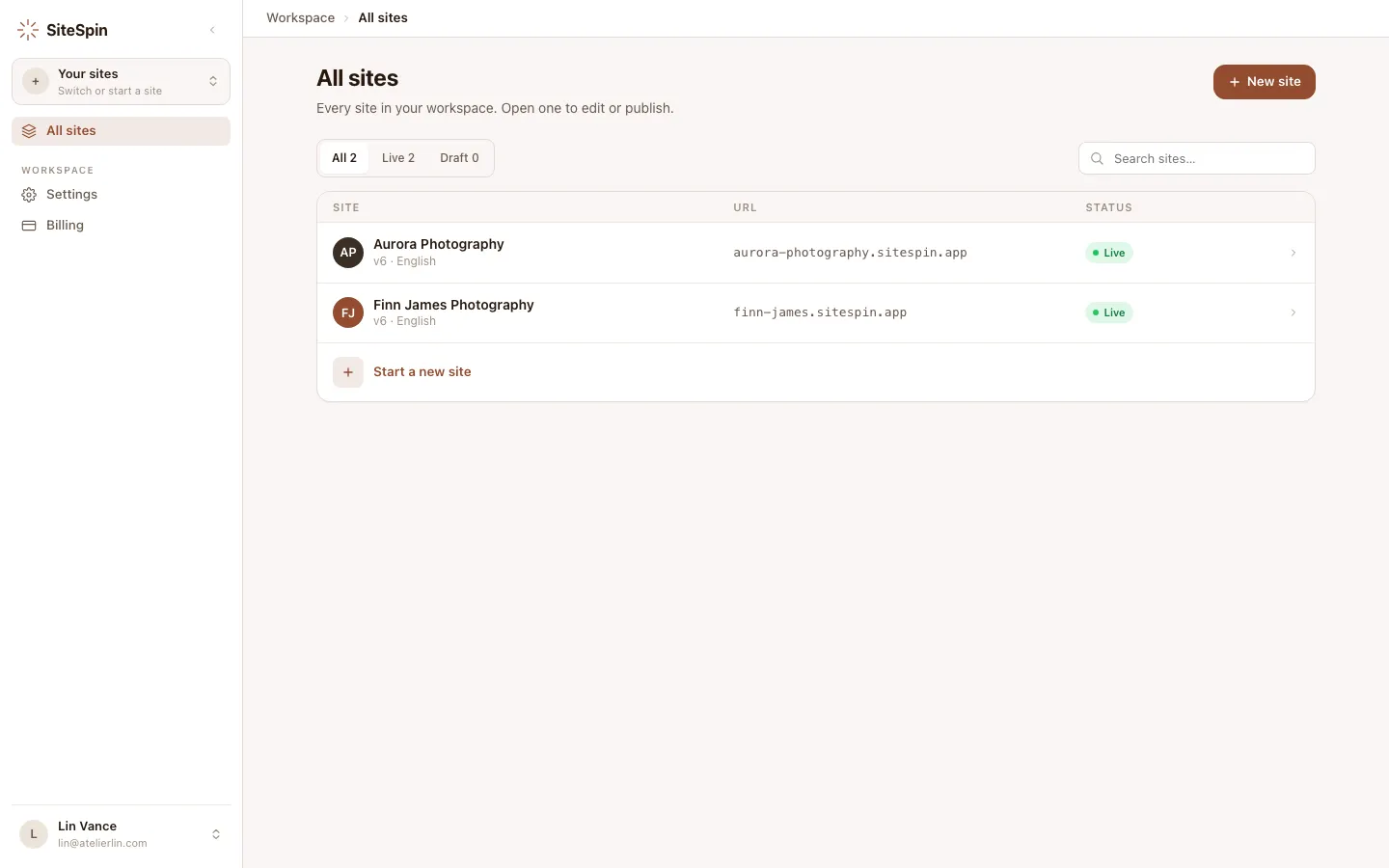 SiteSpin web app dashboard showing two sites in the user's workspace, with a sidebar for switching between them and quick links to Analytics, Inbox, Domain, and Settings.