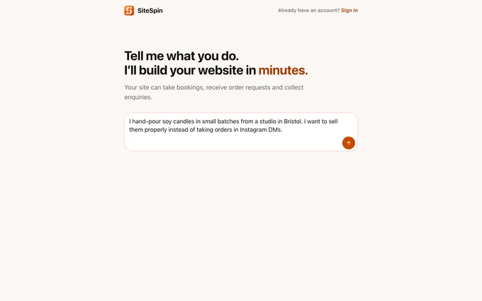 Ember & Wickin aloitusviesti SiteSpinissä kertoo Bristolissa valmistetuista soijakynttilöistä ja toiveesta myydä niitä muutenkin kuin Instagramin yksityisviesteissä