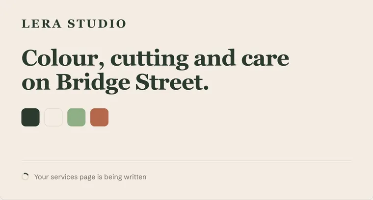 Early on: the name, the sentence and the palette are decided while the services page is still being written