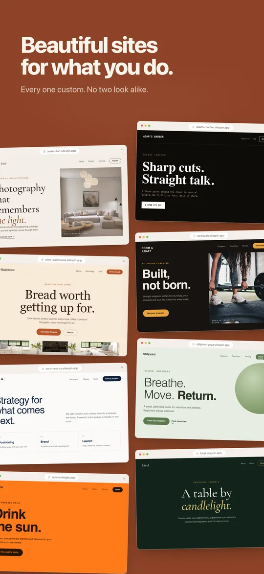 A gallery of custom SiteSpin sites, every one different