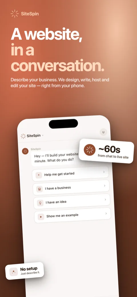 SiteSpin iPhone app: a chat where the user describes their business and the assistant asks a smart follow-up.