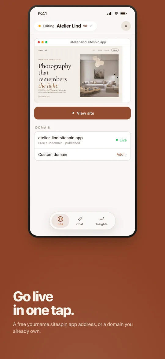 Publishing a site live at its sitespin.app address
