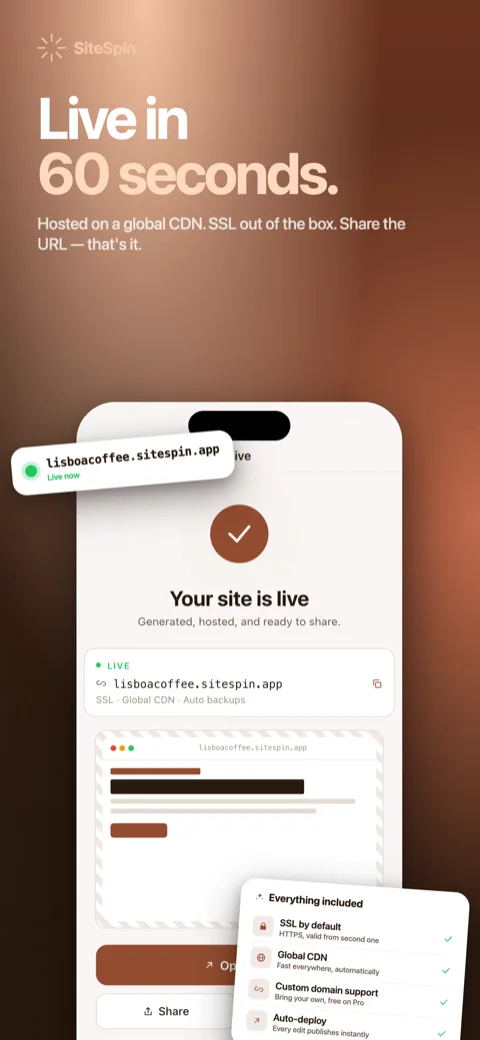 SiteSpin iPhone app: a freshly generated website shown live with its address.