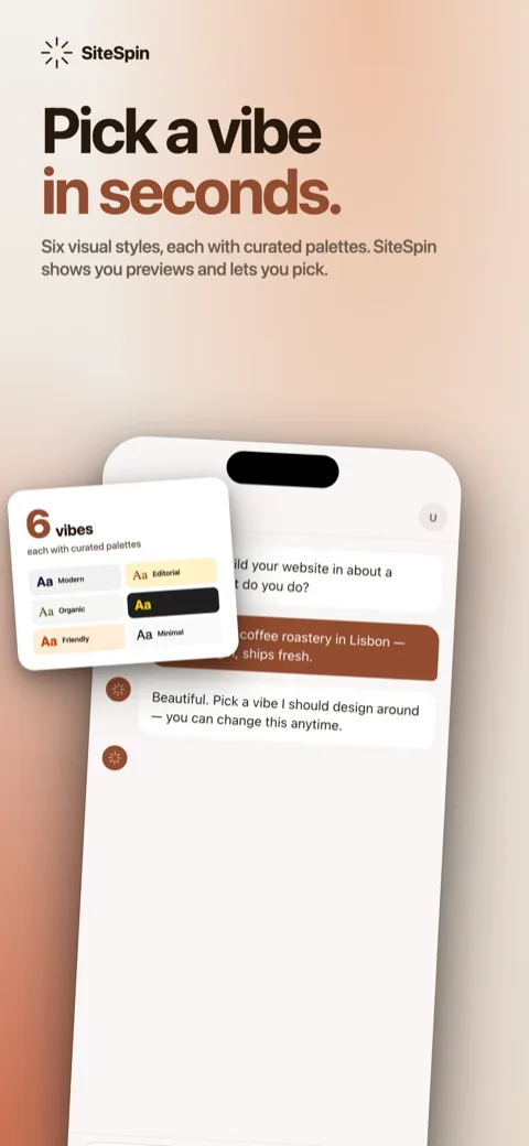 SiteSpin iPhone app: choosing a visual style from a grid of curated directions.