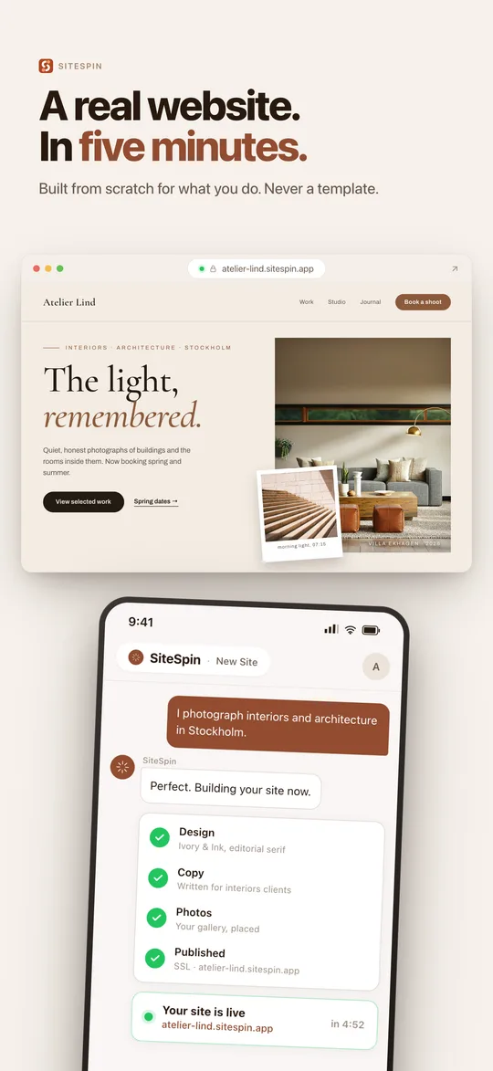 Describing a business in chat as SiteSpin builds and publishes a real website